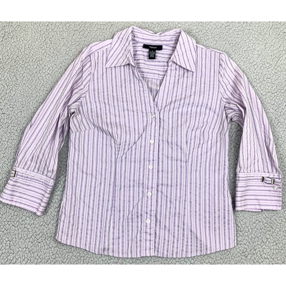 Alfani Button-Up‎ Shirt Top Womens 8 Purple White Striped Stretch 3/4 Sleeve